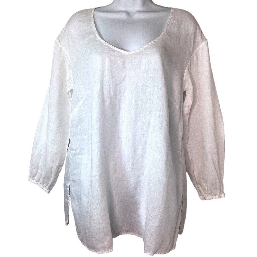 Blue Saks Fifth Avenue Tunic Women Large White Good Linen V-Neck Long Sleeve‎ - Picture 3 of 16